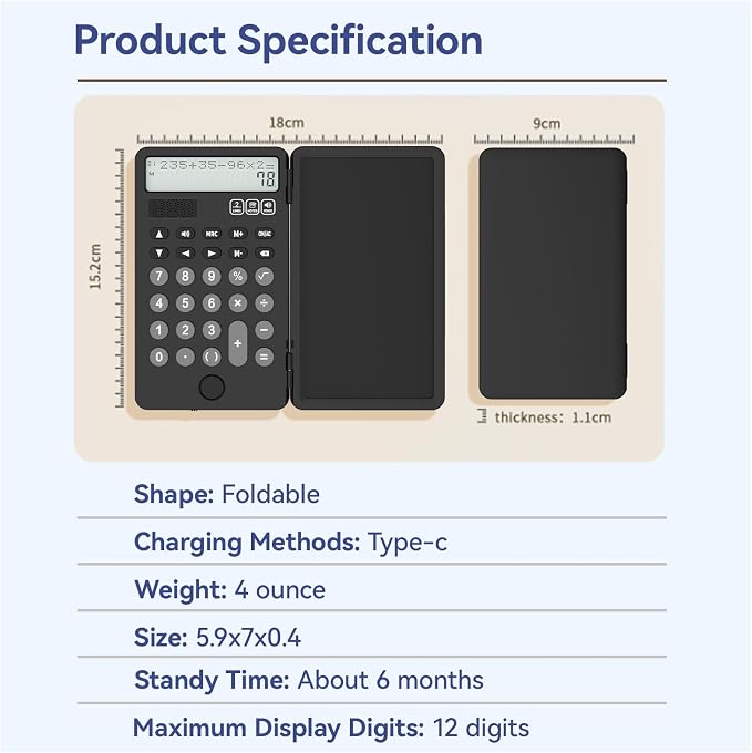 NEWYES Calculator with Writing Tablet, LCD Writing Pad and Stylus Pen, Solar & Battery Powered Calculator for Office School Students, Black Pro