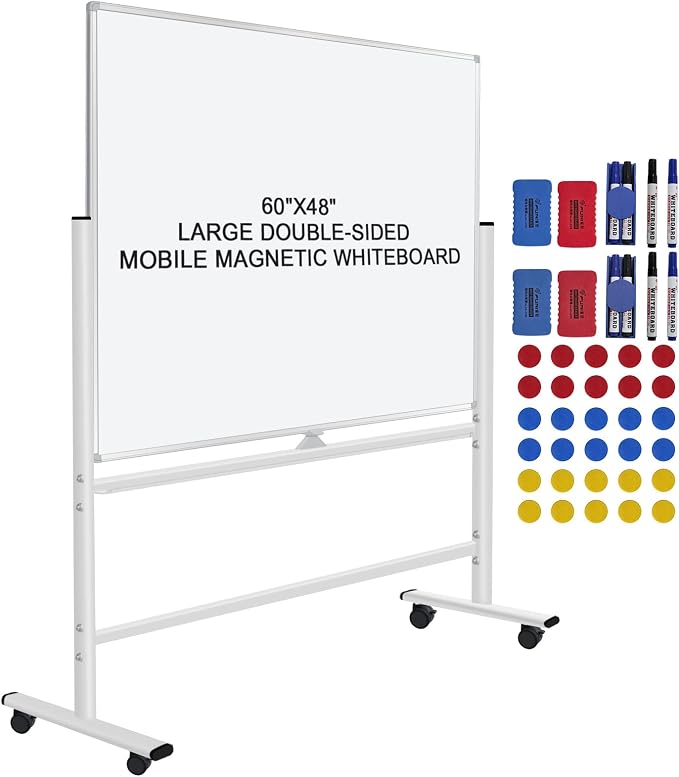 60"x48" Mobile Whiteboard Double-Sided Magnetic Dry Erase Board on Wheels - Comercial Rolling White Boards with Sturdy Stand for Home, Office & School