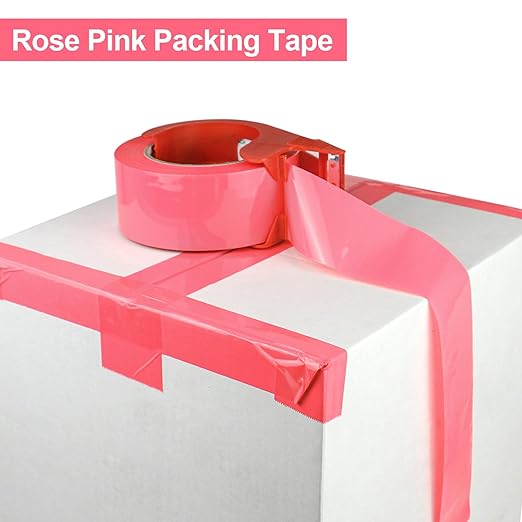 BOMEI PACK Rose Pink Packing Tape with Dispenser, 2.4 Mil 1.88 Inch x 110 Yards, 2 Refills Rolls Color Pink Box Tape for Moving, Shipping and Packaging