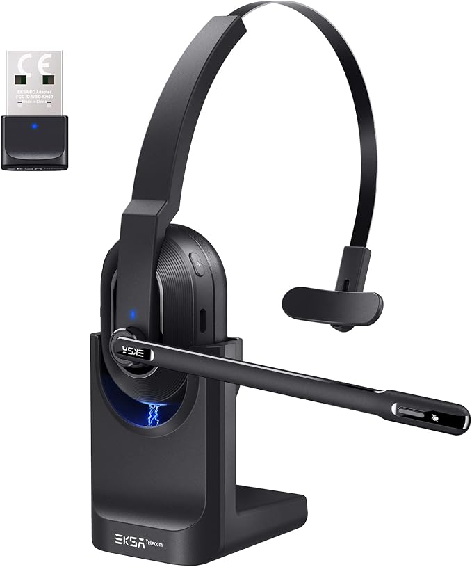 EKSA Bluetooth Headset, Wireless Headphones with AI-Powered Environmental Noise Cancelling Microphone (ENC) & Fast Charging Stand, Lightweight, 45Hrs On-Ear Headphone with USB Dongle for PC (Black)