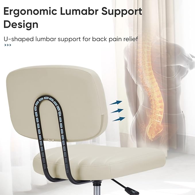 DUMOS Armless Office Chair, Small Home Desk Chair, Lumbar Support | PU Leather Low Back, Height Adjustable 360 Swivel Wheels, Computer Task, Beige