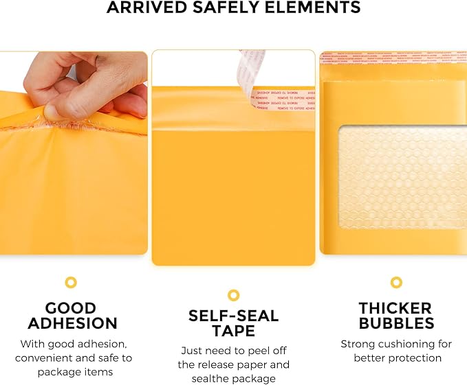 Fuxury Kraft Bubble Mailer 4x8” 50Pack Padded Envelopes Usable Size 4x7" Strong Adhesion Thick Bubble Envelopes Waterproof Cushioned Bubble Mailers Packaging for Small Business #000 Yellow