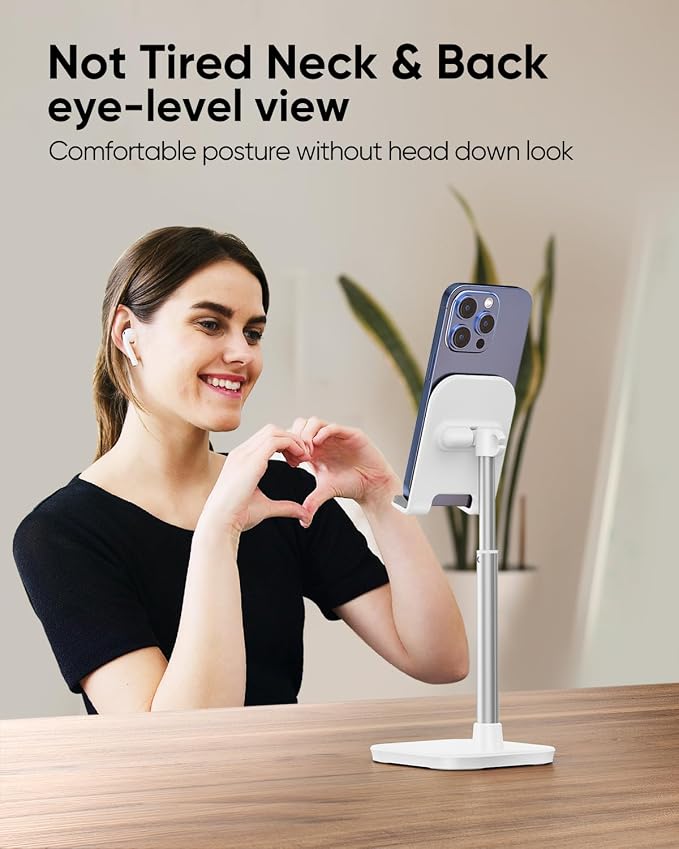 Cell Phone Stand, Phone Holder for Desk, Office Desktop iPhone Stand | Eye Level View, Reduce Neck & Back Strain, Height & Angle Adjustable, Hands-Free Video Chat, Accessories for 4-10" Smartphone