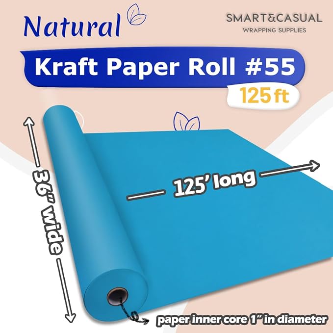 SMART&CASUAL 36" x 1,500" (125') Lake Blue Kraft Craft Paper Roll for Gift Wrapping Bulletin Board Bouquet Flower Kids Art Packing Parcel Table Covering 80GSM 55LB (Lake Blue, 36" x 125')