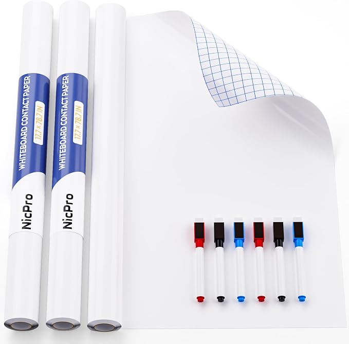 Nicpro 2 Pack Dry Erase Whiteboard Sticker Wall Decal 17.7" X 78.7"(6.5 ft) | Self-Adhesive White Board Peel Stick Paper to Do List with 6PCS Water-Based Pens for School, Office, Home, Kids Drawing