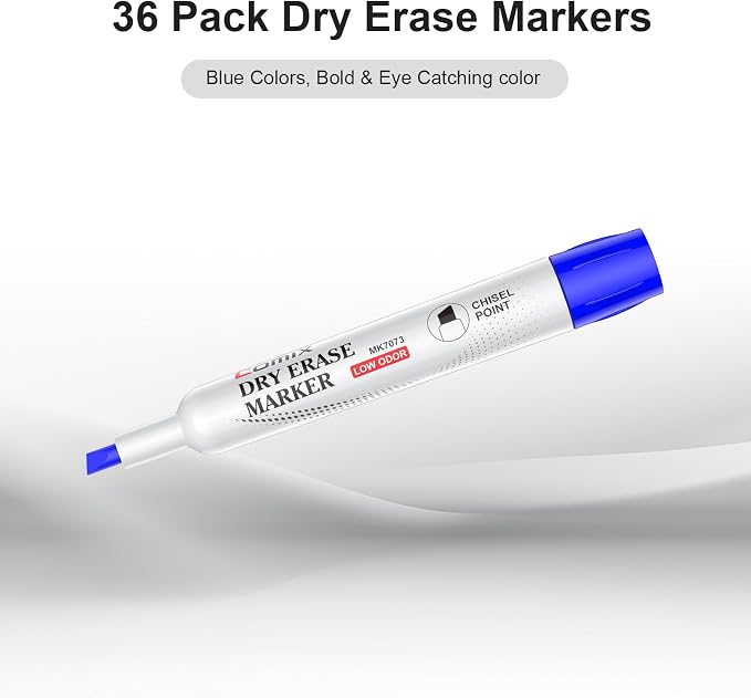 Comix Dry Erase Markers, Chisel Tip Whiteboard Markers, 36 Count Blue Color | Low Odor, Non-toxic, Smooth Writing, Easy to erase, Suitable for Classroom, Teachers, Office, School Supplies