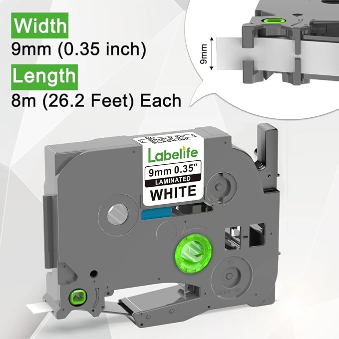 TZe-221 TZe221 Replacement for Brother P Touch Label Maker Tape 9mm 0.35'' | TZe TZ Label Tape Laminated White Compatible with Brother Ptouch PT-D210 PT-D220 PT-H110 PT-D400 PT-D410, 3/8 Inch, 5-Pack