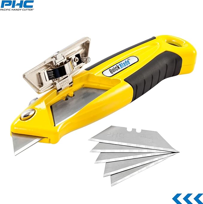 Pacific Handy Cutter QBA375 Autoloading Utility Knife, Automatic Blade Changing, with 5 Additional Blades , Yellow