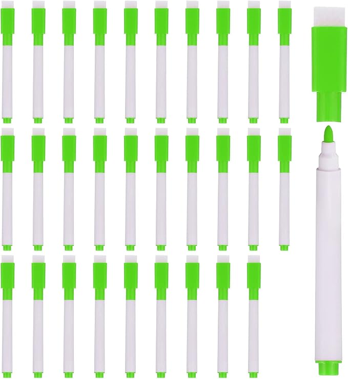 PATIKIL Dry Erase Marker Pens Green Ink Point with Eraser Cap 30Pcs | Marker Pens with Eraser Cap for Office Home Classroom, White Pen Rod