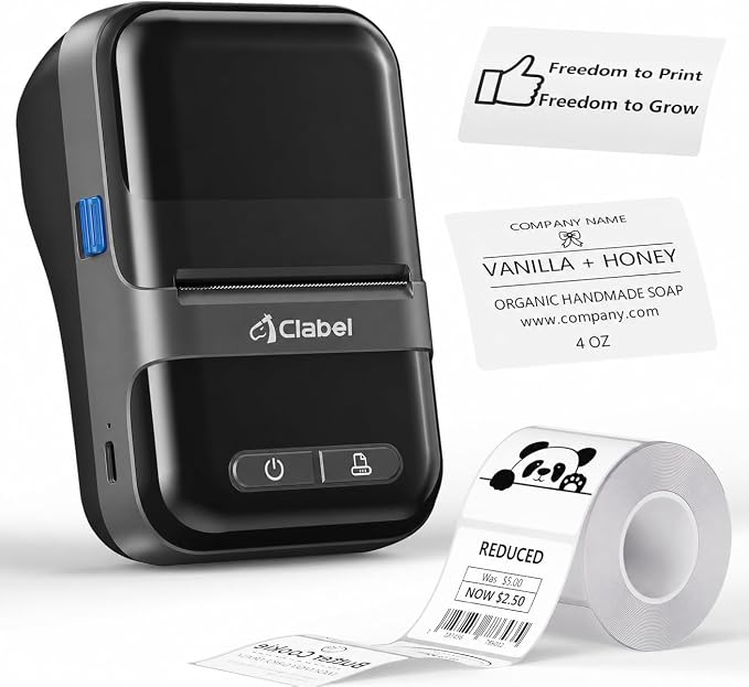 CLABEL Label Maker Machine with Tape, 221B Thermal Bluetooth Label Printer 2 Inch Portable Barcode Inkless Sticker for Small Business, Retail Office,Office, Home, Came with 1 Roll Label