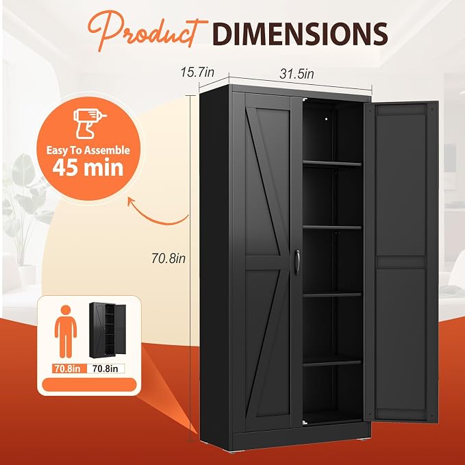 PAOFIN 71" Black Metal Storage Pantry Cabinet | Tall Kitchen Pantry Storage Cabinets with 2 Doors and 4 Adjustable Shelves, Cupboard for Home,Kitchen,Dining/Living Room