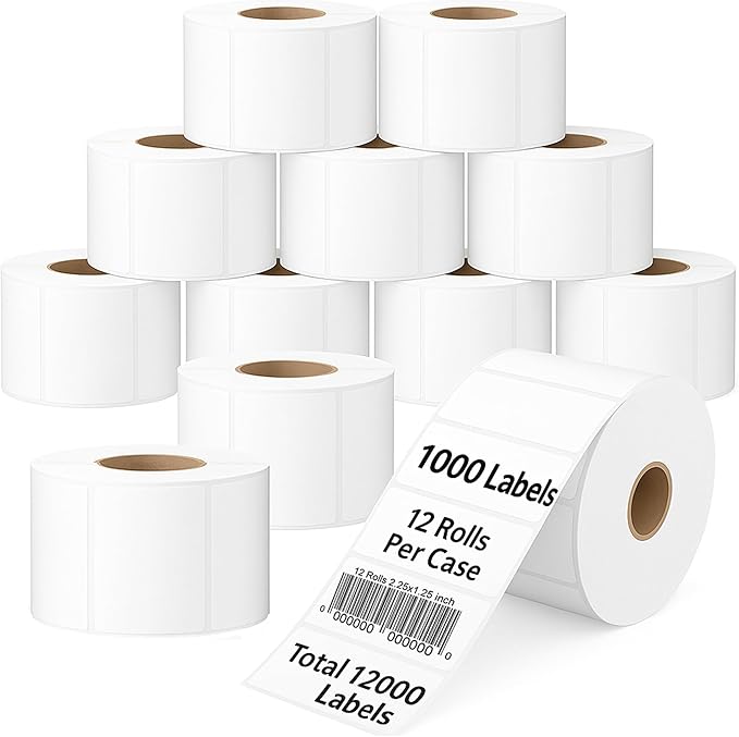 CEPRICO 2.25” x 1.25” Direct Thermal Labels – 12 Rolls (1000 Labels/Roll) Perforated Waterproof Barcode Address Sticker, Self-Adhesive White Label, Compatible w/Zebra & Rollo Printers for FBA Shipping