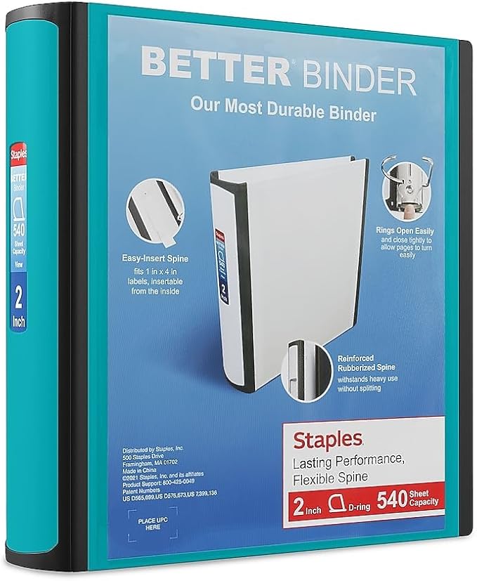 Staples Better Binder 2-Inch D-Ring View Binder, Reinforced Spine, Holds Up to 540 Sheets, Teal, for Office & School