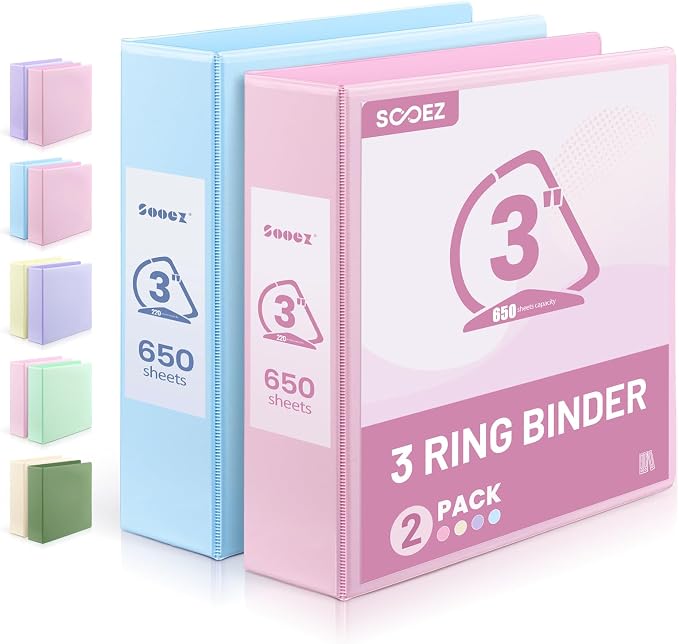 Sooez BinderX 3 Inch 3 Ring Binder, D-Ring Large Binders, Holds 650 Sheets | 8.5x11 Paper, PVC-Free, Customizable View Cover with 2 Inside Pockets, School & Office Supplies, Assorted Pastels, 2-Pack