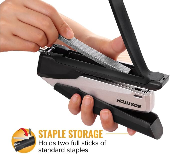 Bostitch Office Executive Metal Desktop Stapler, 3 in 1 Spring Powered Stapler, One Finger, Staple Storage Compartment & Staple Remover, Includes 210 Staples, 28 Sheet Capacity, Black/Gray