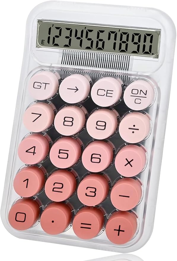 Cute Calculator, Mechanical Switch Calculator, Calculators Desktop 10 Digits, Desk Calculators with Big Buttons and LCD Display, Battery Power,Ideal for School Home Office Basic(Pink)