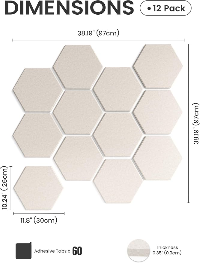Fluxynara 12-Pack Hexagon Felt Bulletin Board Tiles, Oatmeal-1 | Cork Board Alternative with 60 Adhesive Tabs for Notes, Photos and Reminders in Home Offices, Dorm and Classrooms