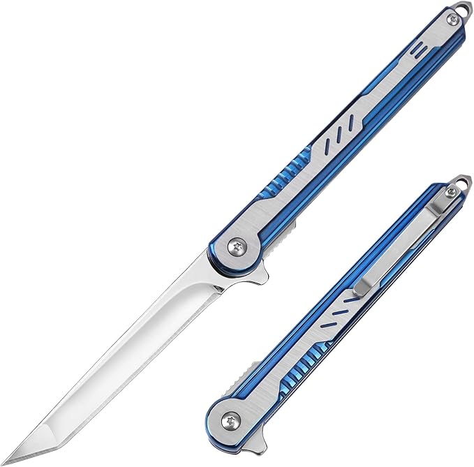 EDC Pocket Knife for Womens, Tanto Folding Knives with 7CR13Mov Stainless Steel Blade, Cool Survival Knife with Clip, Window Breaker, Flipper Open and Liner Lock for Outdoor Camping (Blue)
