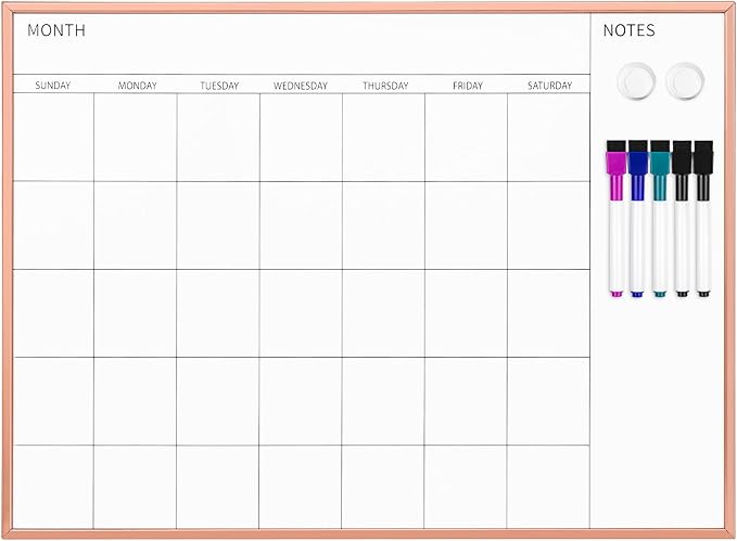 VUSIGN Monthly Calendar Whiteboard, 17" x 23", Rose Gold Frame | Magnetic Dry Erase Calendar with 2 Magnets & 5 Whiteboard Pens, Monthly Calendar Whiteboard for Office School Home