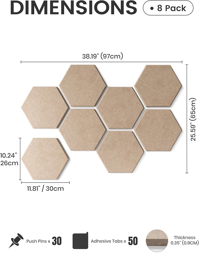 Fluxynara 8-Pack Hexagon Felt Bulletin Board Tiles, Taupe | Cork Board Alternative with 50 Adhesive Tabs for Notes, Photos and Reminders in Home Offices, Dorm and Classrooms