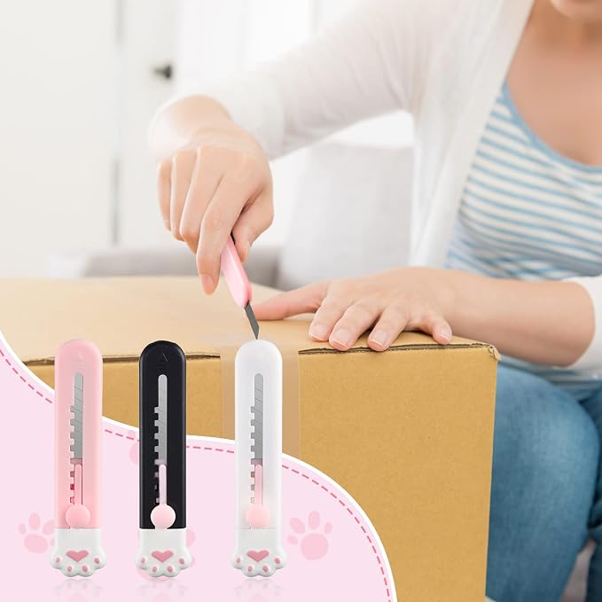 6 Pcs Cute Paw Box Cutter Kawaii Cat Retractable Letter Opener Adorable Tiny Paper Knives Mini Art Utility Knives Portable Carton Cardboard Cut with Hole Smooth Mechanism for Office Home
