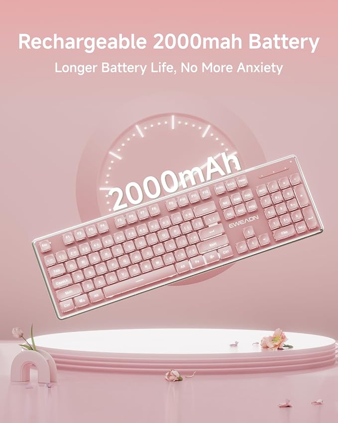 Wireless Keyboard and Mouse Combo with White Backlit Pudding Keycaps, Pink | Bluetooth & 2.4G Dual Mode, 2000mAh Rechargeable Full Size Quiet Computer Cute Keyboard for Windows PC Desktop, EWEADN V3