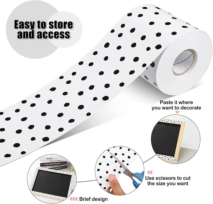 Zonon 65 Feet Bulletin Board Borders White Black Dots Classroom Trim | Painted Dots Design, Rolled Trim for Back to School, Reusable Wavy Borders, Teacher Supplies for Wall Displays