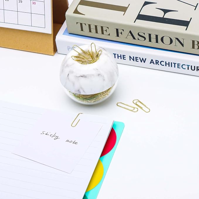 100pcs 28mm Gold Paper Clips Medium in White Marble Paper Clips Holder Dispenser Round Paperclips Storage Case for Office Desk Organizer Accessories (Marble)