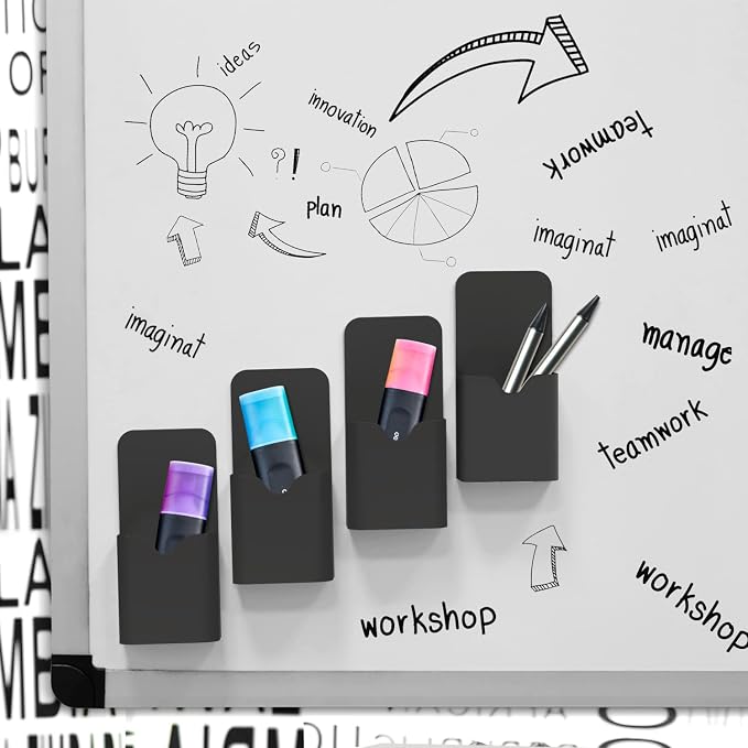 MoKo Magnetic Pen Holder, 4-Pack, Whiteboard Organizer, Black | Magnetic dry erase marker holder set stores pens, pencils and markers on refrigerators, whiteboards and lockers.