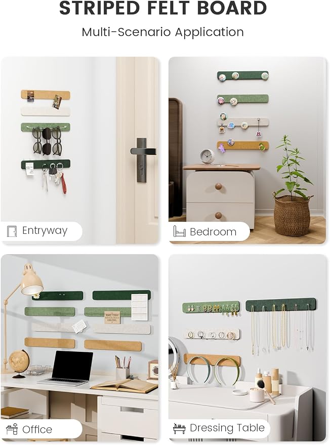 Fluxynara 13" x 2" Felt Wall Panels, Moss Glimmer | 8-Pack Includes 50 Push Pins and Adhesive Tabs for Photos, Notes and Decor in Bedroom Doors, Home Office or Studios