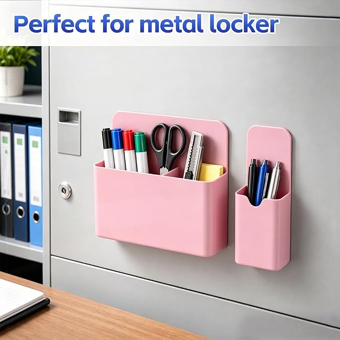 Magnetic Pen Holder, 2 Pack Magnetic Dry Erase Marker Holder with Compartments, Magnetic Marker Holder Pen Pencil Organizer for Whiteboard, Refrigerator, Classroom, Locker Accessories, Light Pink