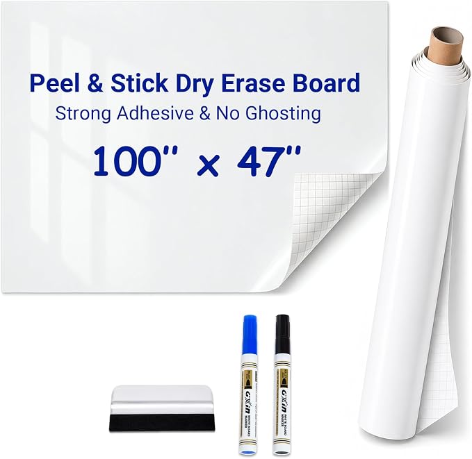 Dry Erase Paper for Wall 100" x 47", Self Adhesive White Board Wallpaper Peel and Stick, No Ghosting Whiteboard Contact Paper for Office Classroom Meeting Room