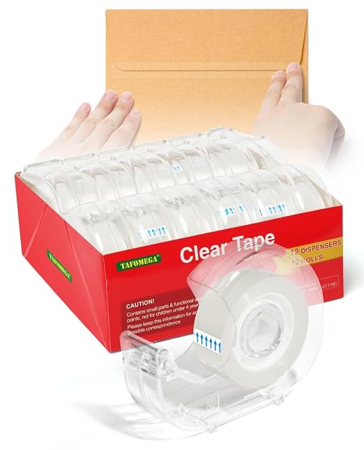 Clear Tape 12 Pack Transparent Tape Bulk with Dispensers gift wrapping | Tape Bulk, 7/10 X 1000 Inches, Glossy Office Tape for School Store