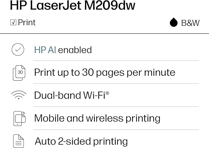 HP LaserJet M209dw Wireless Printer, Print, Fast speeds, Easy setup, Mobile printing,Best-for-small teams