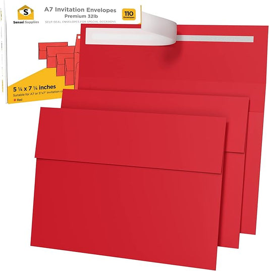 110 5x7 Red Invitation Envelopes - for 5x7 Cards - A7 - (5 ¼ x 7 ¼ inches) - Perfect for Weddings, Graduations, Baby Showers - 120 GSM - 32lb/80lb Text - Peel, Press & Self Seal - Square Flap