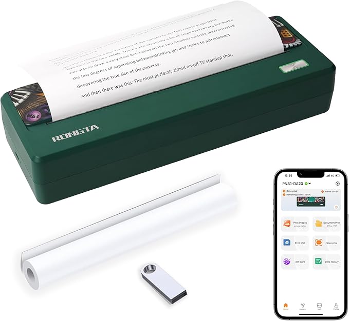 Rongta Portable Printer Wireless for Travel, 300DPI Thermal Inkless Bluetooth Mobile Printer, Support 8.5" X 11" US Letter, Compatible with Android iOS Phone & Laptops (DarkGreen)