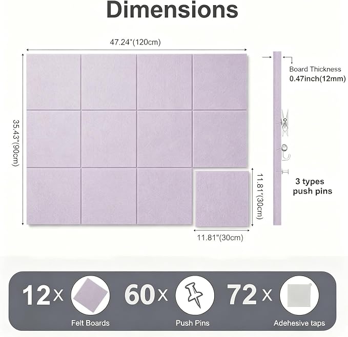 Felt Wall Tiles Bulletin Board Large Cork Board Alternative 12 Pack 11.81”x11.81”x0.47” Felt Pin Board Tack Board with Safe Removable Adhesive Tabs for Home Office School 48x36(Light Purple)