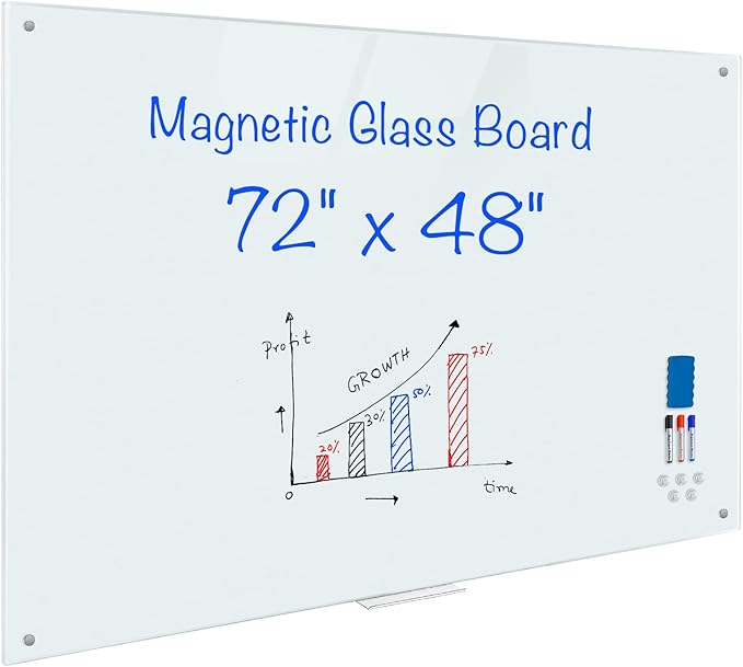 Maxtek Magnetic Glass Whiteboard 72 x 48 in, Frameless Glass Board for Wall | Large Glass Dry Erase Board, Strong Magnetic Surface, Includes Markers, Magnets, and Eraser for Classroom, Home, and Office