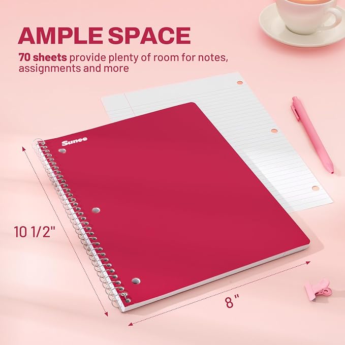 SUNEE Spiral Notebooks, 3 Pack, 1-Subject, College Ruled Paper, 8" x 10-1/2", 70 Sheets per Notebook, Assorted Colors Spiral Notebooks for School (Cherry, Pink, Green)