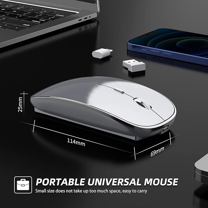Wireless Mouse Chargeable Portable Silent USB and Type-C Dual Mode Wireless Mouse 3 Adjustable DPI for Laptop, Mac, Android, PC (Q23S Black) (Grey)