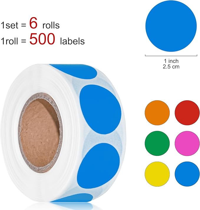 Hoewina 3000Pcs Colored Dot Stickers, 1" Label Sticker Round Color Coding Labels Circle Dots Labels Circle Stickers for Office,Classroom,Family（Etc - 6 Colors, 500 Labels/Roll）