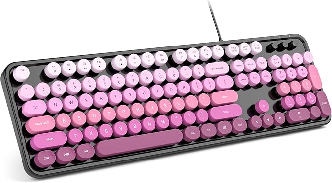 Computer Keyboard Wired, Plug and Play USB Retro Round Typewriter Keyboard, Full Size Wired Keyboard with Foldable Stands for Laptop and Office PC