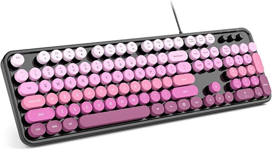 Computer Keyboard Wired, Plug and Play USB Retro Round Typewriter Keyboard, Full Size Wired Keyboard with Foldable Stands for Laptop and Office PC
