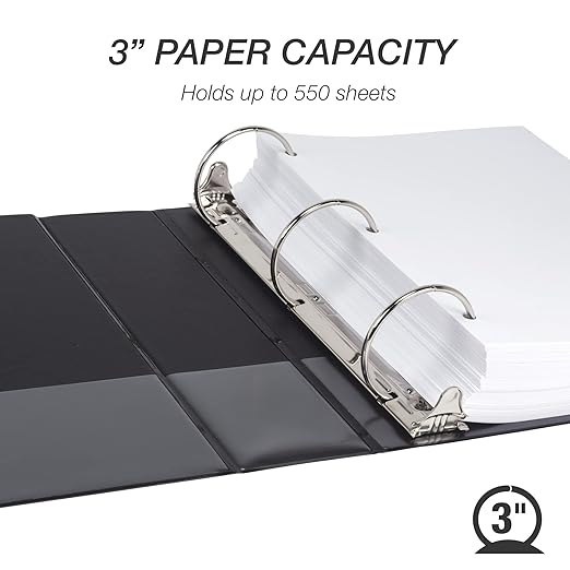 Samsill 3 Inch 3 Ring Binder, Economy Round Ring, Clear View Cover, 550 Sheet Capacity - for School, Home, Office - Charcoal Black