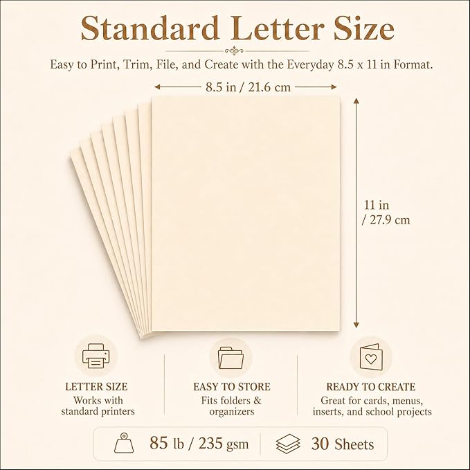 Cream Cardstock Paper 8.5 x 11, 85Lb Heavyweight Card Stock Cream | Cardstock Printer Paper 8.5 x 11, 30 Sheets, Smooth Matte Finish. Ivory Cardstock for Invitations, Crafts and Card Making.