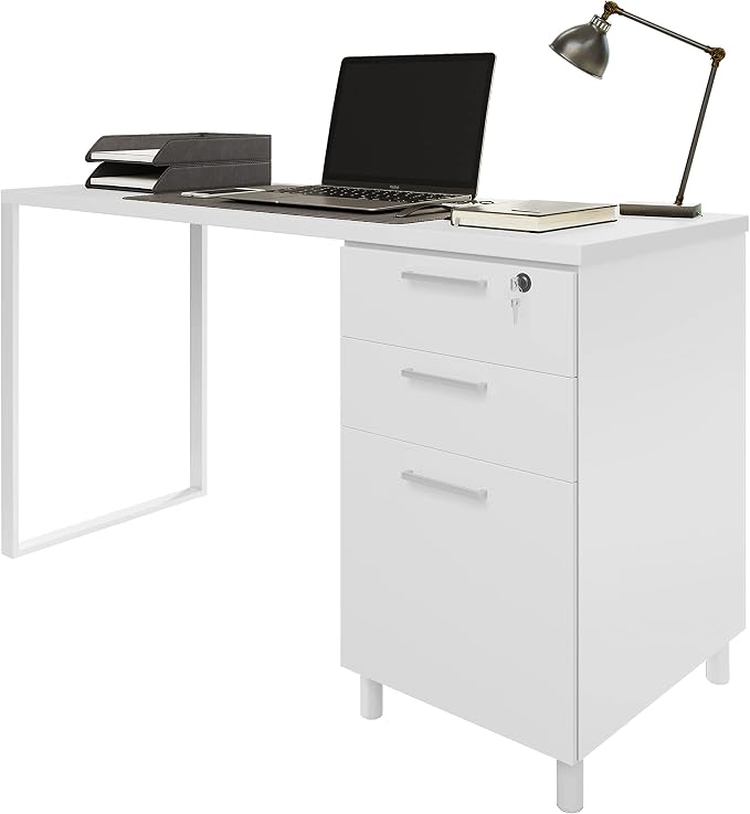 Modern Designs Milano Office Desk with 3 Locking Drawers, 48 Inch White Industrial Wood Desk with Filing Drawer and Storage, by Crafts and Comfort