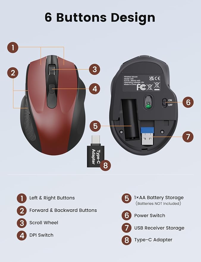 SABLUTE Wireless Mouse for Laptop, Red Computer Mouse with USB-A&USB-C Receiver, Office Cordless Mice with 6 Buttons & 3 Level DPI for Small to Medium Hands, Works with PC, Desktop & Tablet M21