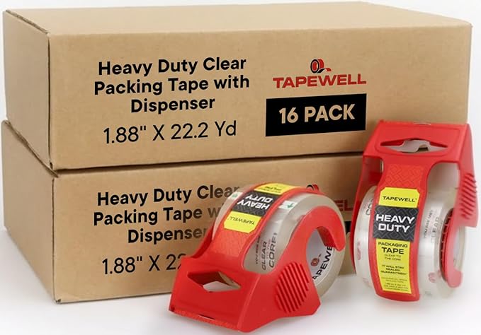 Heavy Duty Packing Tape with Dispenser 1.5" Core, Clear Shipping Tape for Boxes, Packaging, Mailing & Moving Supplies - 1.88 in. x 22.2 Pack of 16
