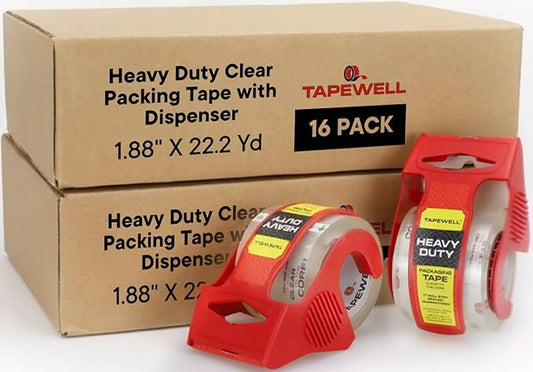 Heavy Duty Packing Tape with Dispenser 1.5" Core, Clear Shipping Tape for Boxes, Packaging, Mailing & Moving Supplies - 1.88 in. x 22.2 Pack of 16