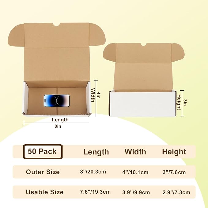 WIFTREY 50 Pack 8x4x3 Small Shipping Boxes for Packing Small Business, White Corrugated Cardboard mailing Box for Shipping